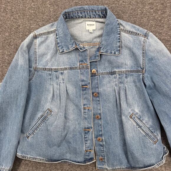 Kensie Jeans Women Blue Denim Jacket Fringe Trim Pleated Front Light Wash Size L - Picture 2 of 7